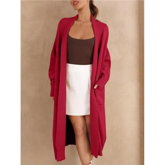 Womens Long Cardigan Sweaters with Pockets Wine Red - Picture 4 of 5